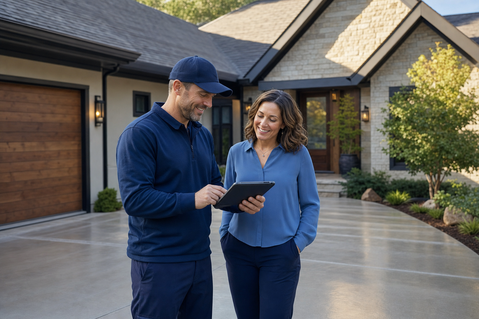 A service professional reviewing completed work with a satisfied homeowner