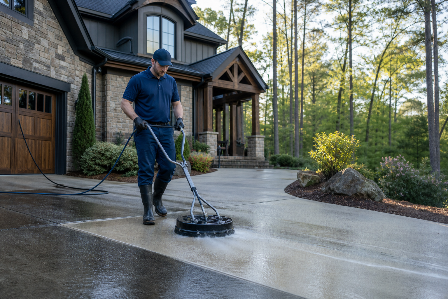 Professional surface cleaning on a residential concrete driveway
