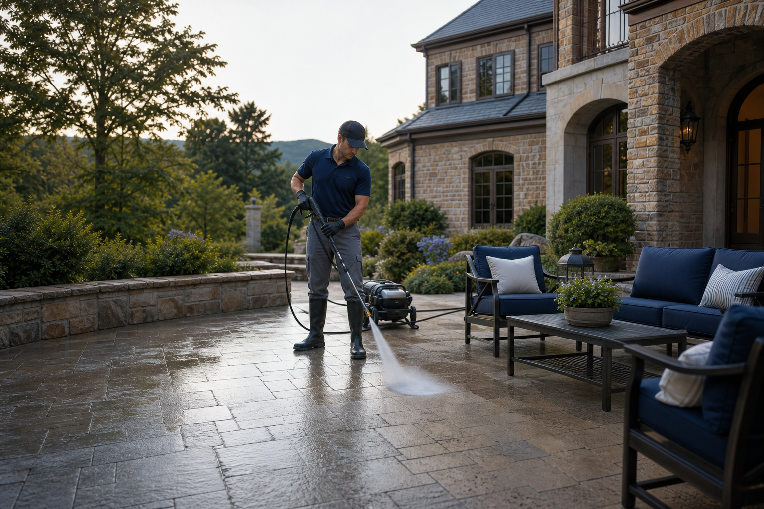 Professional cleaning of a residential stone-paver patio