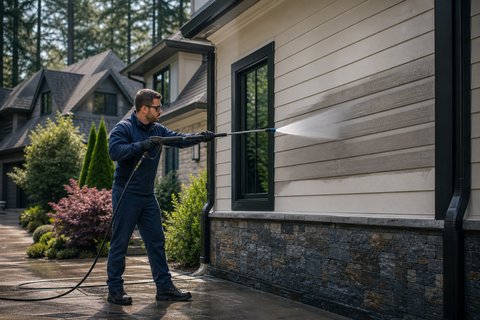 Professional pressure washing of a home's exterior siding